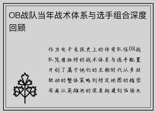 OB战队当年战术体系与选手组合深度回顾